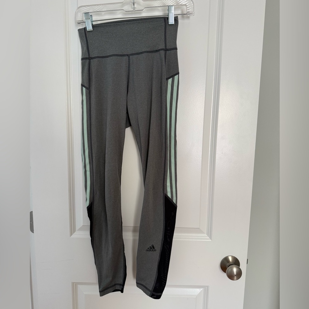 Adidas Women’s Gray Leggings with Black Mesh and Mint Accents